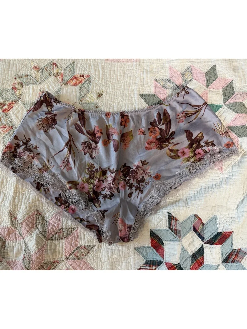 Victoria Secret Lavender Floral Coquette Satin Pajama Set Lace Trim XL Boudoir